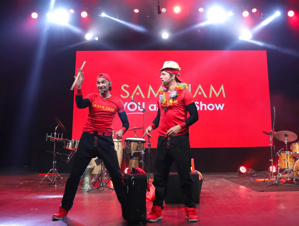 Two artists perform a comedy sketch